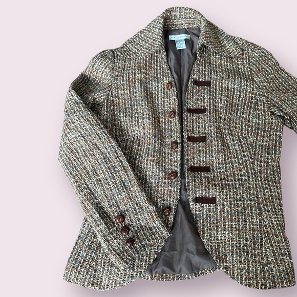 Women’s Vintage Newport News Brown Blue Tweed Faux Button Front Blazer Size 10 - Picture 2 of 12